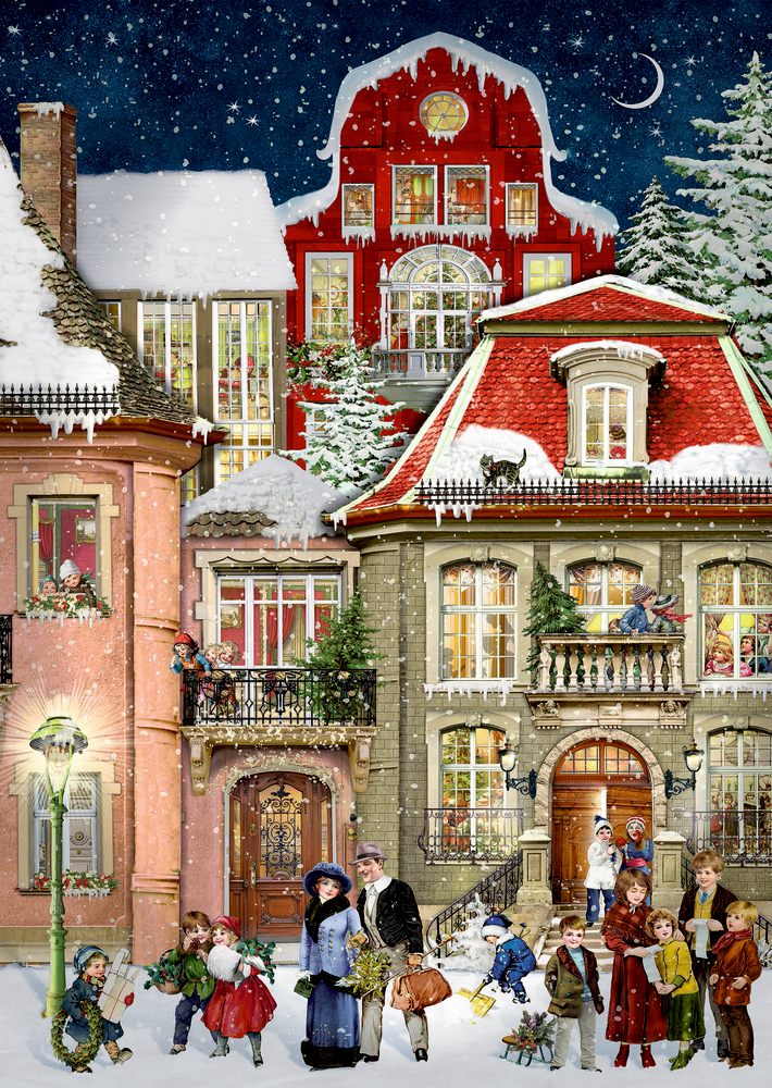 In der Weihnachtsgasse, Wand-Adventskalender A4 (Behr) Viktorianische Kinder und Erwachsene genießen die verschneite Nacht und spielen vor farbenfrohen, festlichen Häusern.