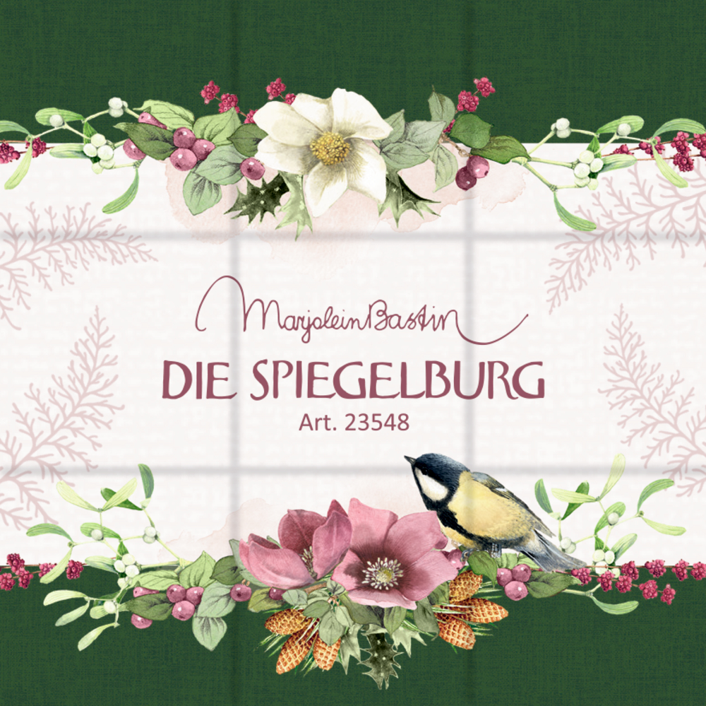 Weißer Streifen mit Blüten, Beeren, Blättern und einem kleinen Vogel auf dunkelgrünem Hintergrund, dazu Text „Marjolein Bastin DIE SPIEGELBURG Art. 23548“.