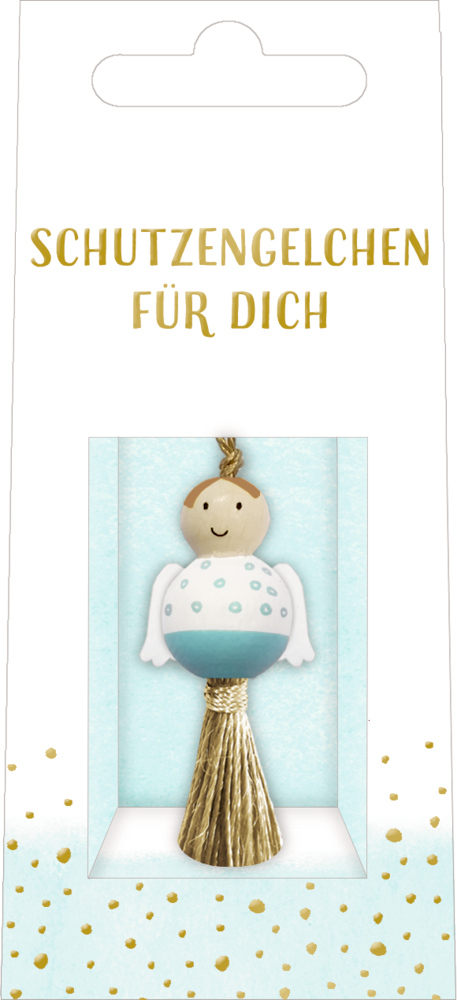Segenspüppchen: Schutzengelchen für dich Verpackung mit kleinem Engel-Ornament und dem Text „Schutzengelchen für dich“ darüber.