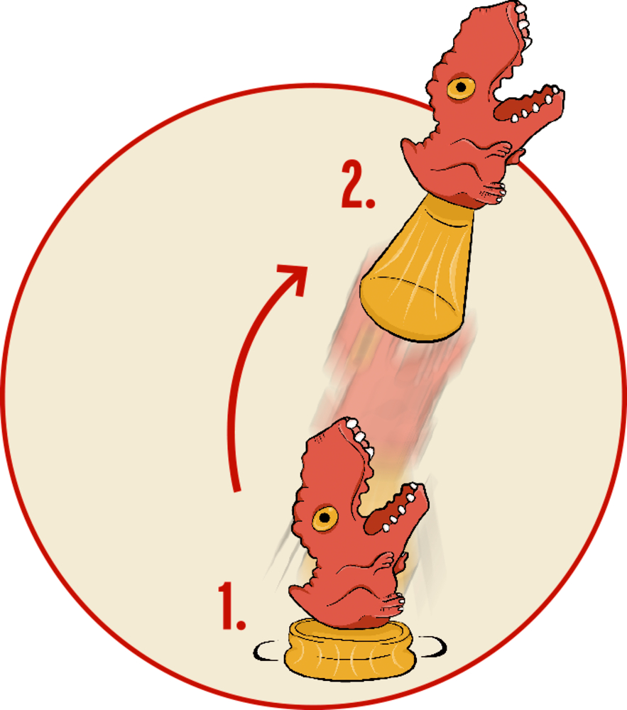 Eine rote Dinosaurier-Figur springt aus ihrer Startposition, mit Bewegungslinien und Schrittzahlen.