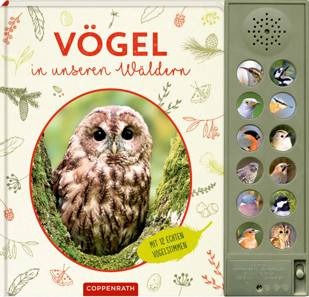 Vögel in unseren Wäldern - Nature Zoom (Soundbuch) Buchcover mit einem Eulenfoto mit runden Buttons mit Vogelgesichtern und dem Titel: „Vögel in unseren Wäldern“.
