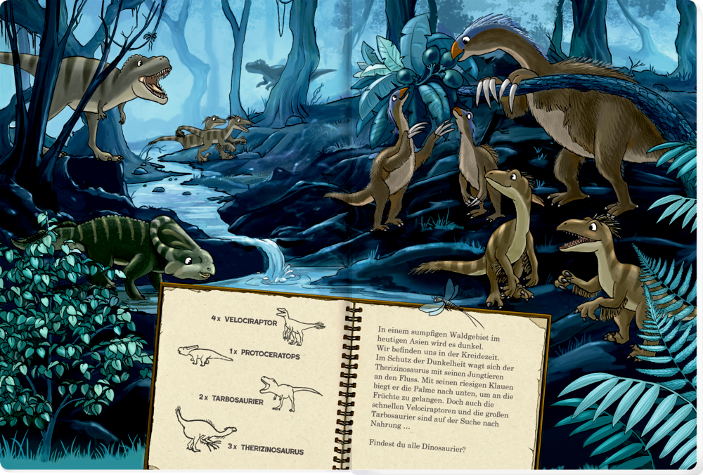 Buchinnenseite mit Dinosauriern, die sich in einem dichten, schummrigen Wald an einem Bach versammeln. Dazu die Darstellung von Dino-Fakten.