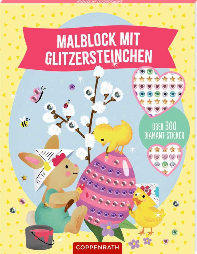 Ein Hase verziert ein großes Ei mit Stickern; Text und glitzernde Steinchen auf dem Umschlag.
