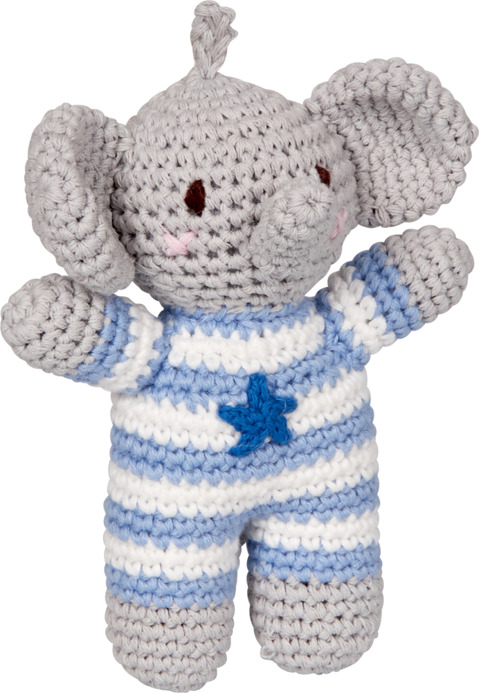 Häkel-Rassel Elefant, hellblau - BabyGlück Graues gehäkeltes Elefantenspielzeug mit blau-weiß gestreiftem Körper und einem blauen Stern auf der Brust.