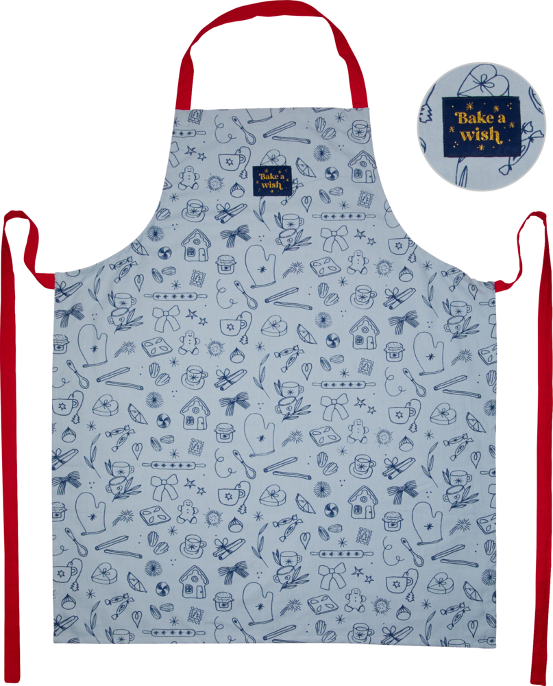 Hellblaue Schürze mit blauen Backmotiven, roten Trägern und einem „Bake a Wish“-Aufnäher.